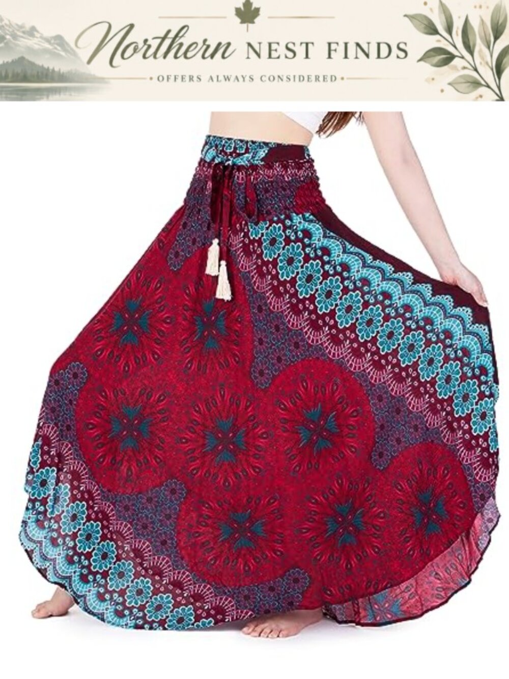 Bohemian Hippie Maxi Skirt Rayon Drawstring Tassel Casual Festival